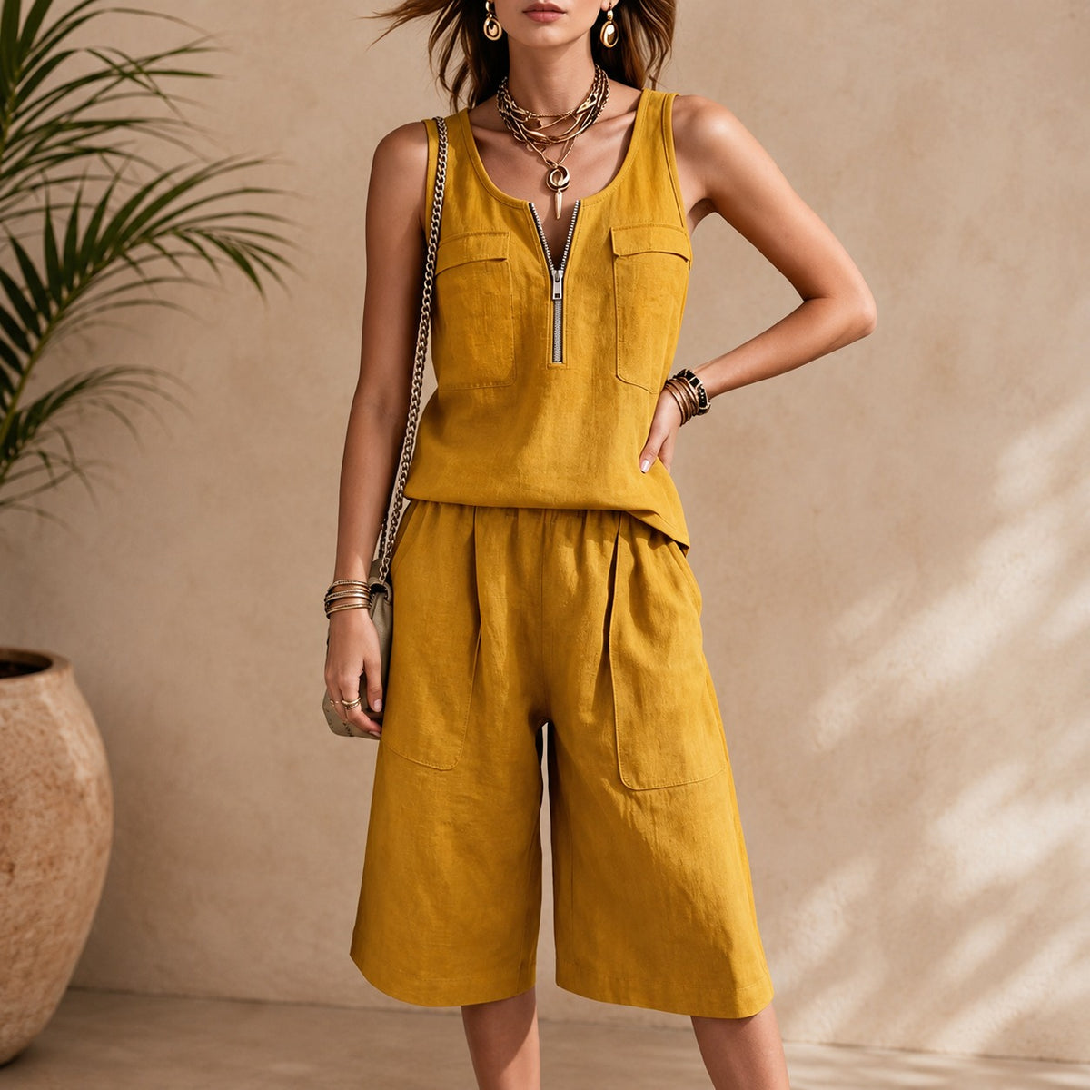 Leah™ Cotton-Linen Two-Piece Set with Zip-Up Top and Elastic-Waist Bermuda Shorts
