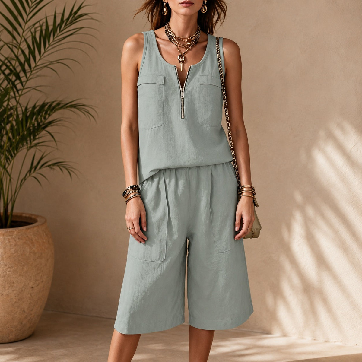 Leah™ Cotton-Linen Two-Piece Set with Zip-Up Top and Elastic-Waist Bermuda Shorts