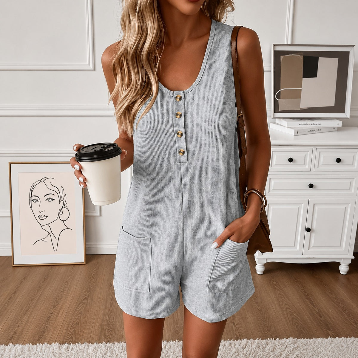 Romper Alyssa™ with Button-Front, Rounded Neckline and Utility Pockets