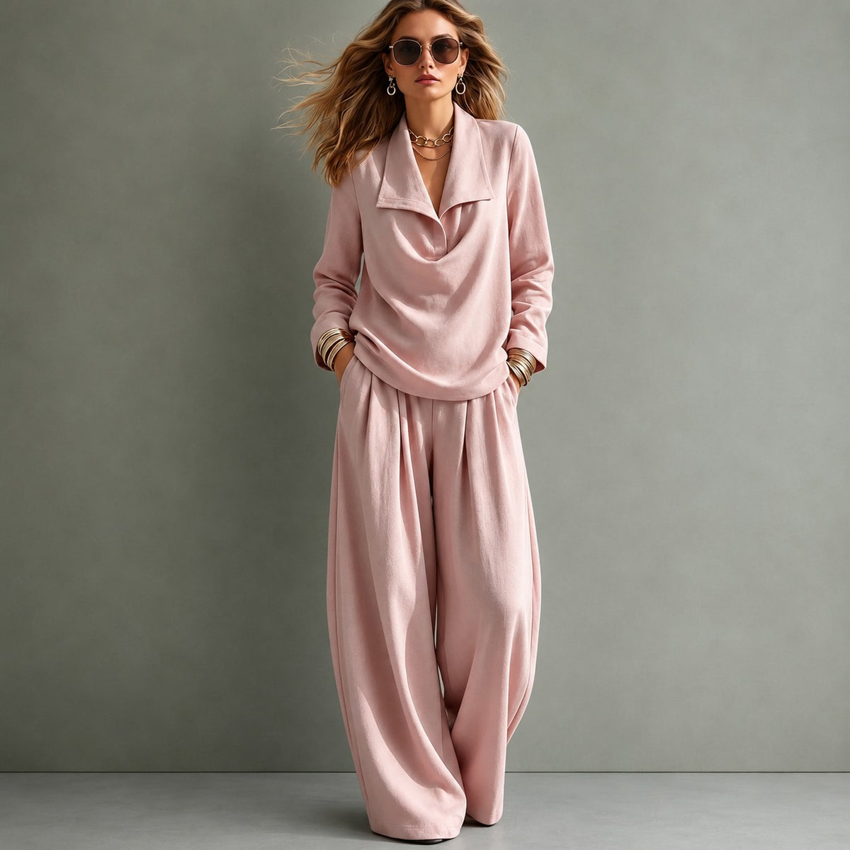 Set Sloane™ with Draped-Collar Top and Flowy Wide-Leg Pants