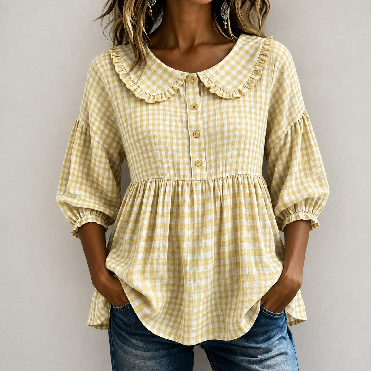 Gingham Blouse Melanie™ with Ruffled Collar and Puff Sleeves