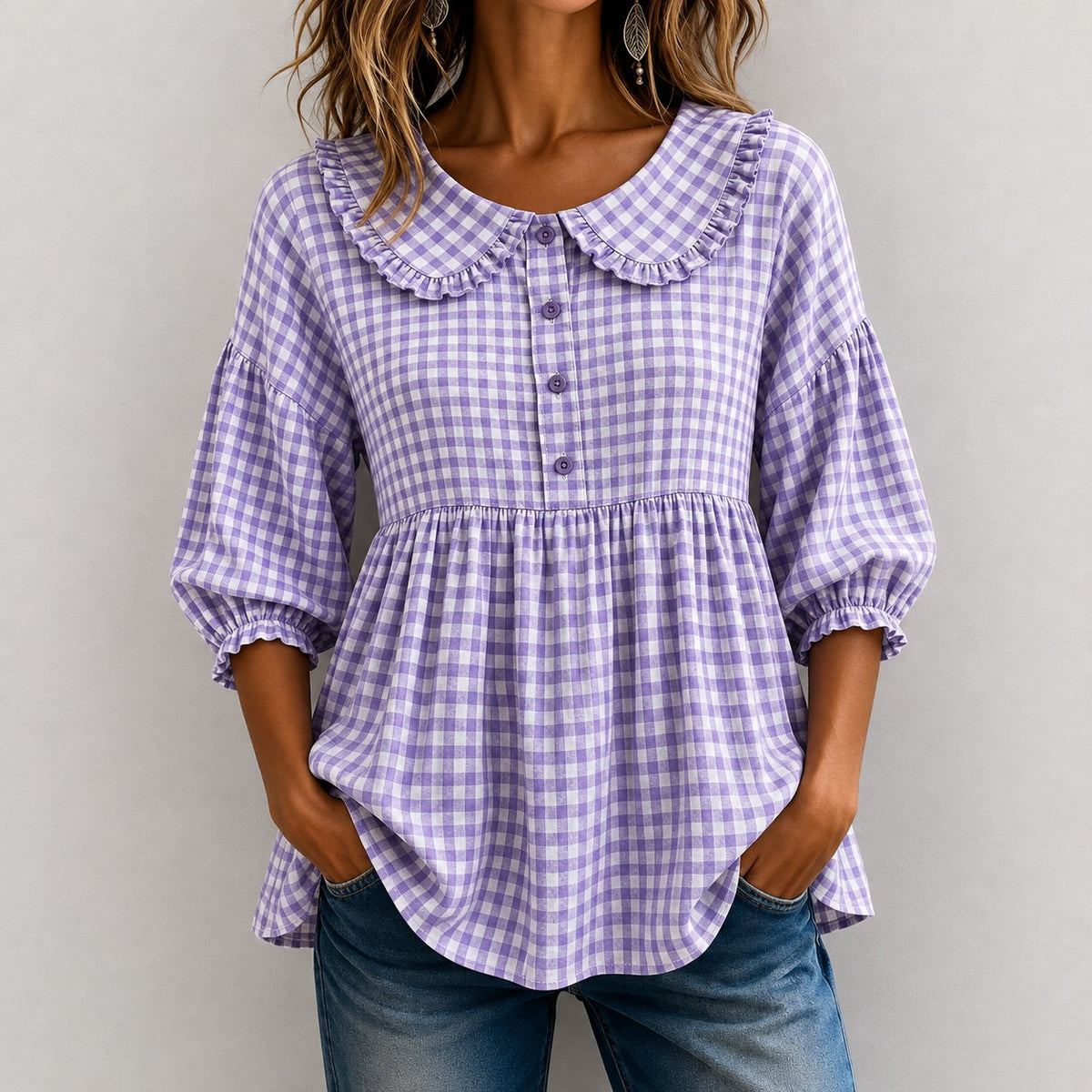 Gingham Blouse Melanie™ with Ruffled Collar and Puff Sleeves