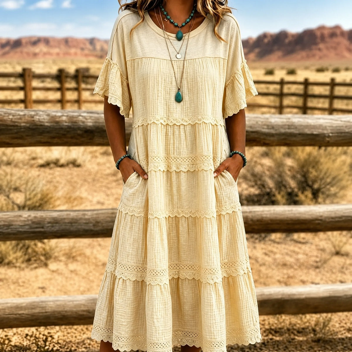 Dress Meadowlyn™ with Tiered Skirt, Lace Trim and Side Pockets
