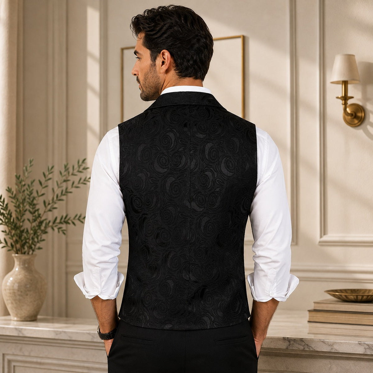 Westcott™ Tailored Vest with Floral Jacquard Texture, Double-Breasted Closure and Metal Accents