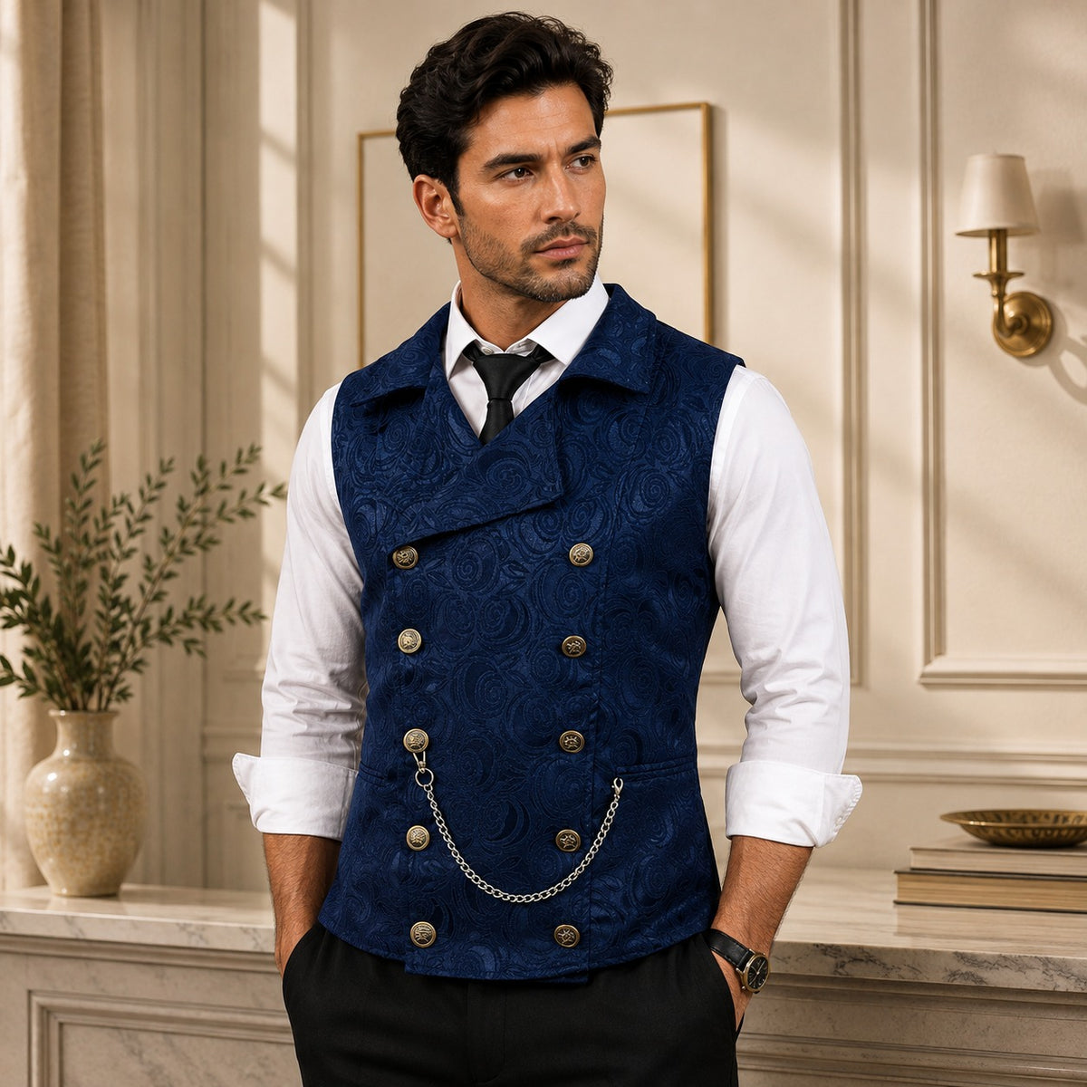 Westcott™ Tailored Vest with Floral Jacquard Texture, Double-Breasted Closure and Metal Accents