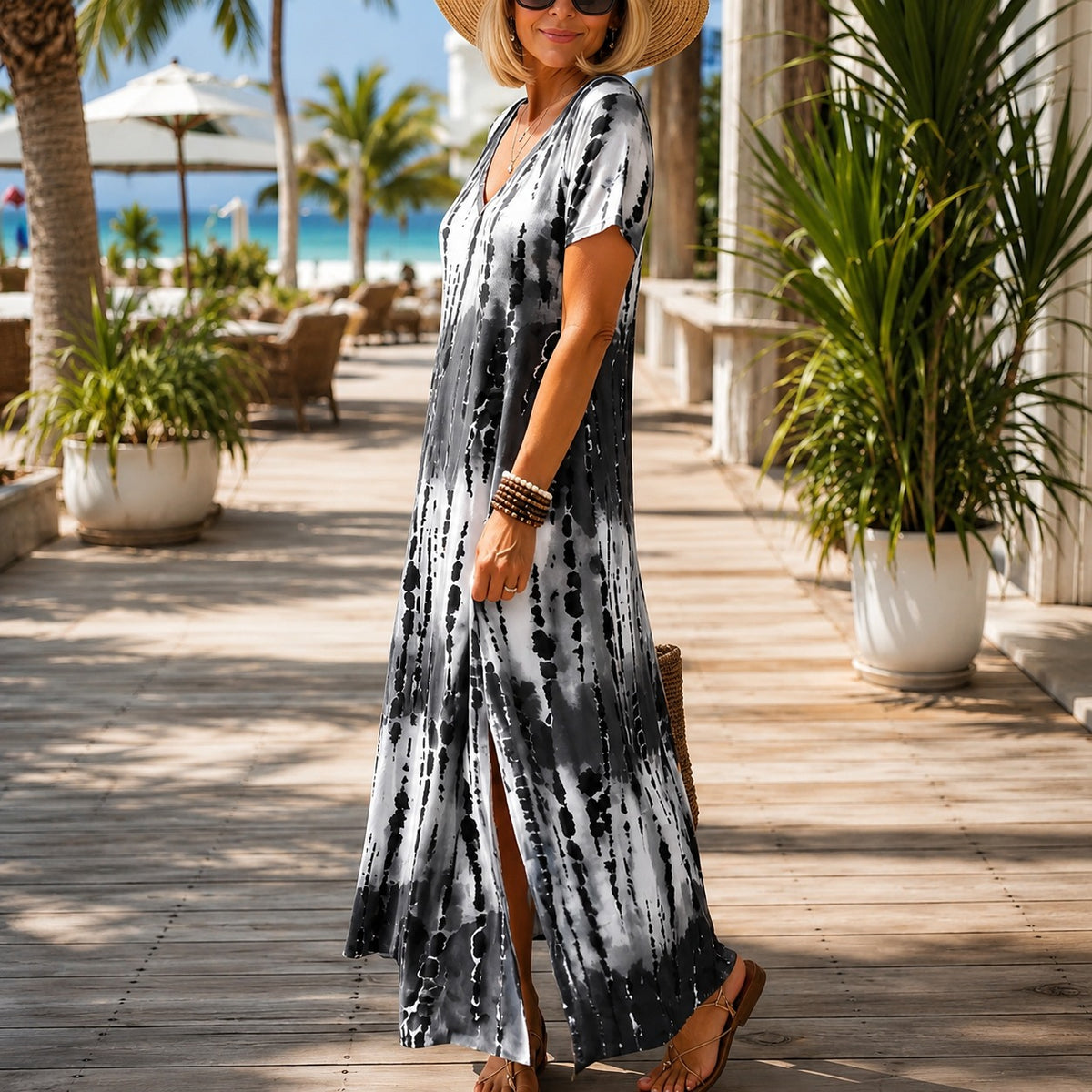 Verena™ Maxi Dress with Ornamental Print, V-Neckline and Side Slits