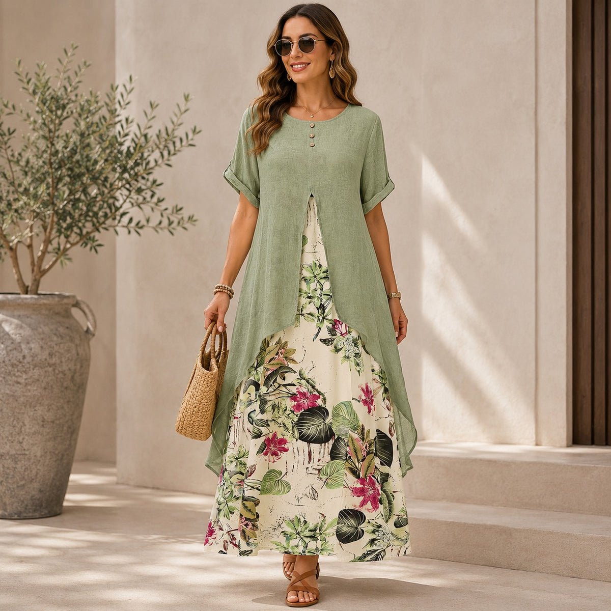 Dress Elisabeth™ in Cotton Linen with 2-in-1 Layered Design and Floral Print