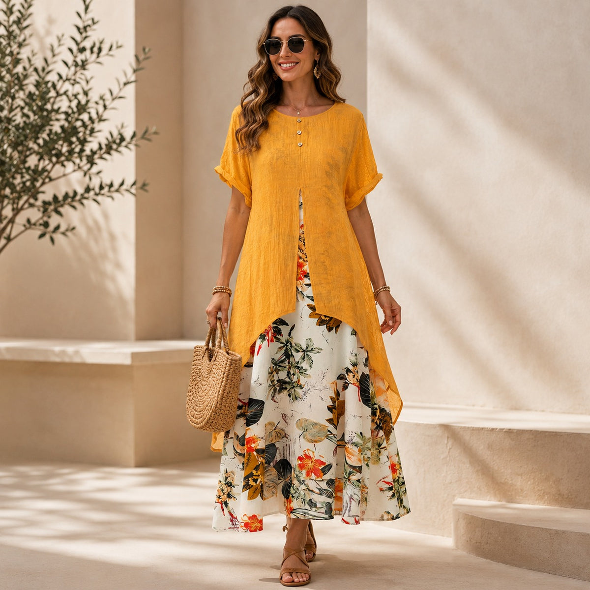 Dress Elisabeth™ in Cotton Linen with 2-in-1 Layered Design and Floral Print