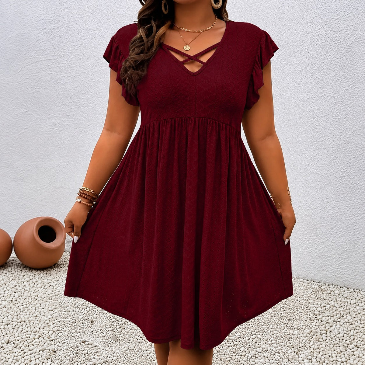 Dress Maribel™ with Crisscross V-Neck, Flutter Sleeves and Flowy Skirt