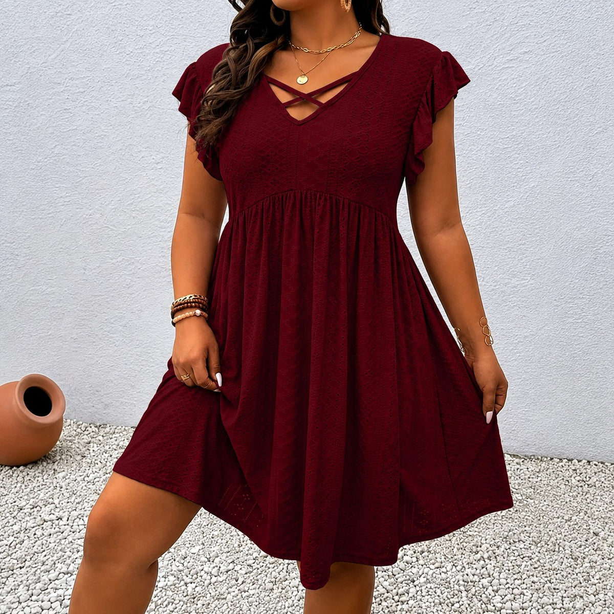 Dress Maribel™ with Crisscross V-Neck, Flutter Sleeves and Flowy Skirt
