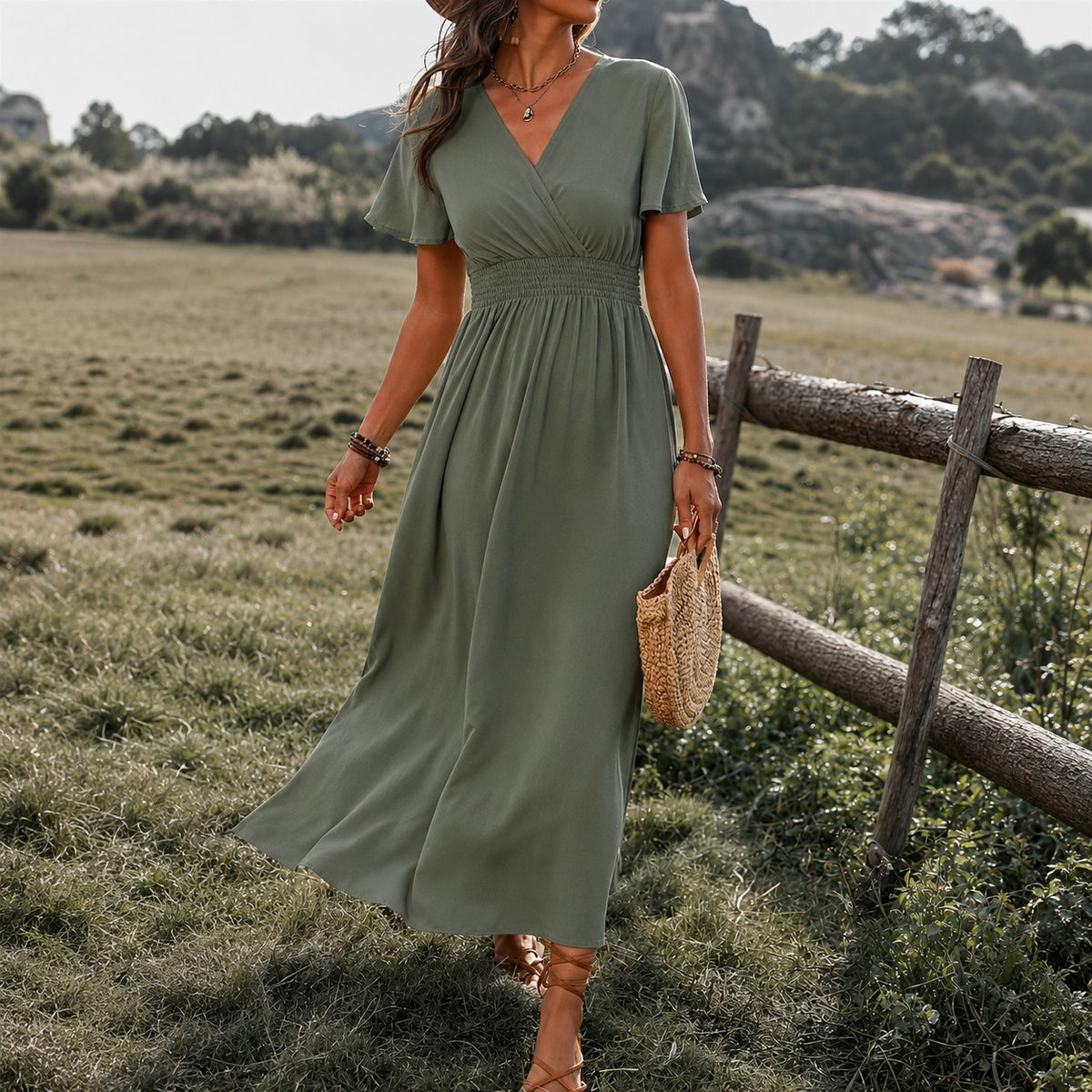 Dress Celine™ with Wrap V-Neck and Smocked Defined Waist