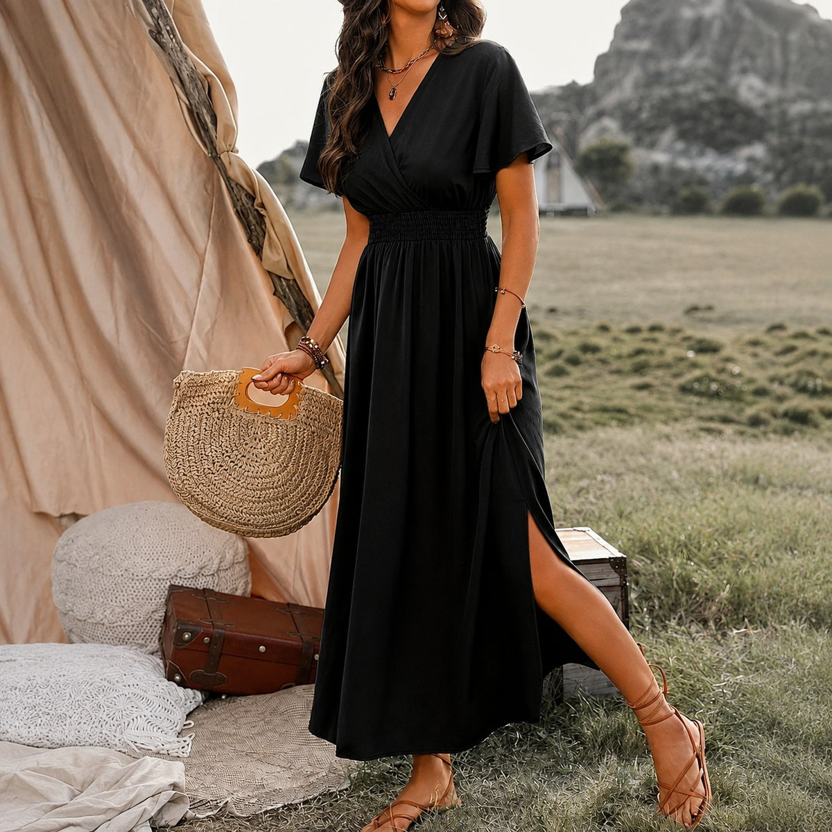Dress Celine™ with Wrap V-Neck and Smocked Defined Waist