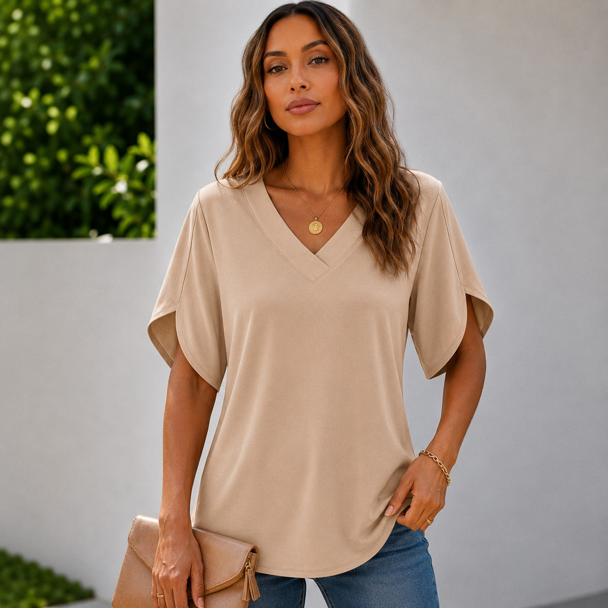 Arielle™ Blouse with V-Neckline, Minimalist Design and Side-Slit Sleeves