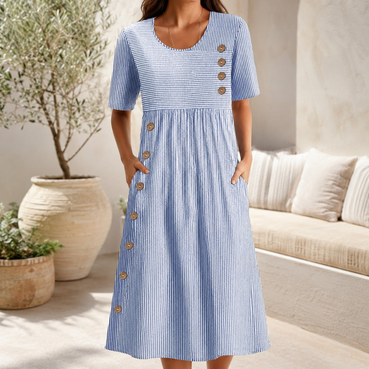 Elvanna™ Striped Dress with Decorative Button Details
