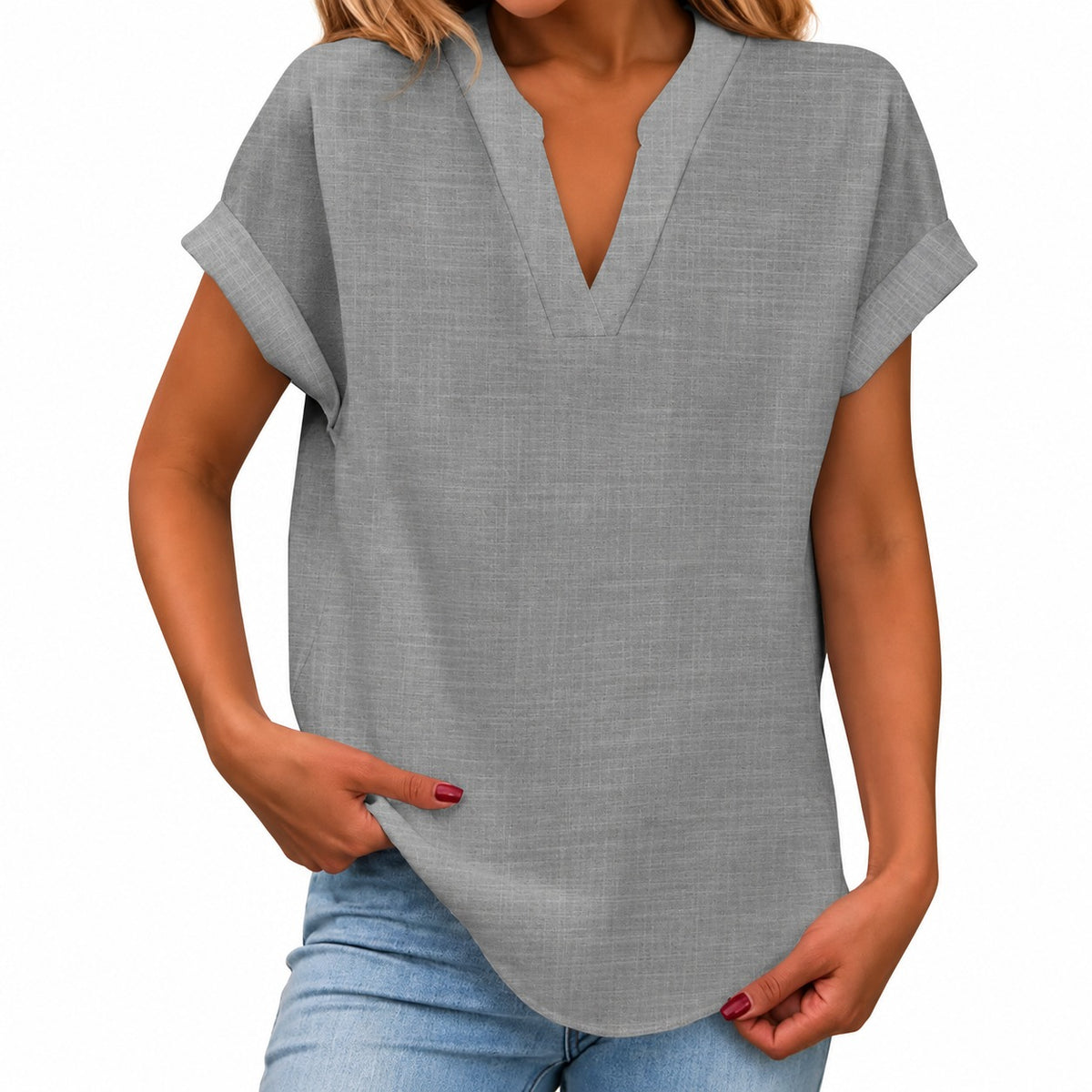Maira™ Blouse with Folded Short Sleeves and Rounded Hem