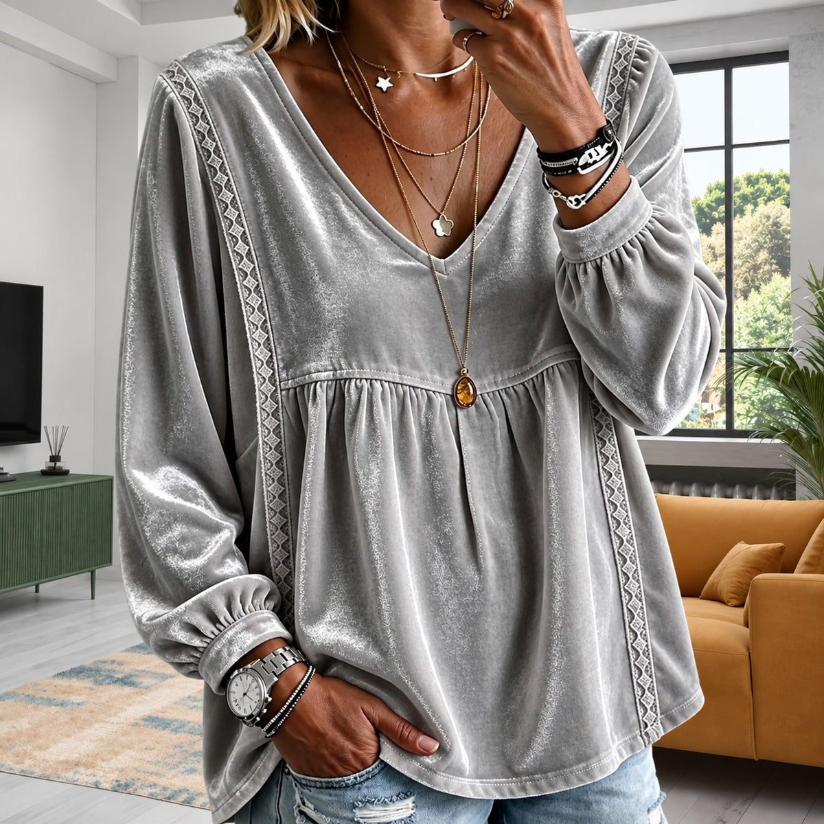 Blouse Kylie™ with Lightweight Velvet-Like Texture, V-Neck and Geometric Lace Trim