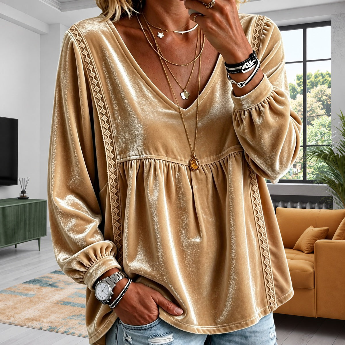Blouse Kylie™ with Lightweight Velvet-Like Texture, V-Neck and Geometric Lace Trim