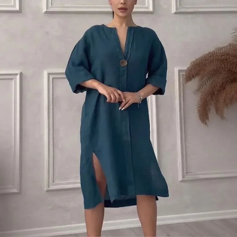 Toronto™ Dress in Cotton Linen with Loose Fit / Tropical Elegance with a Touch of Modern Sophistication!