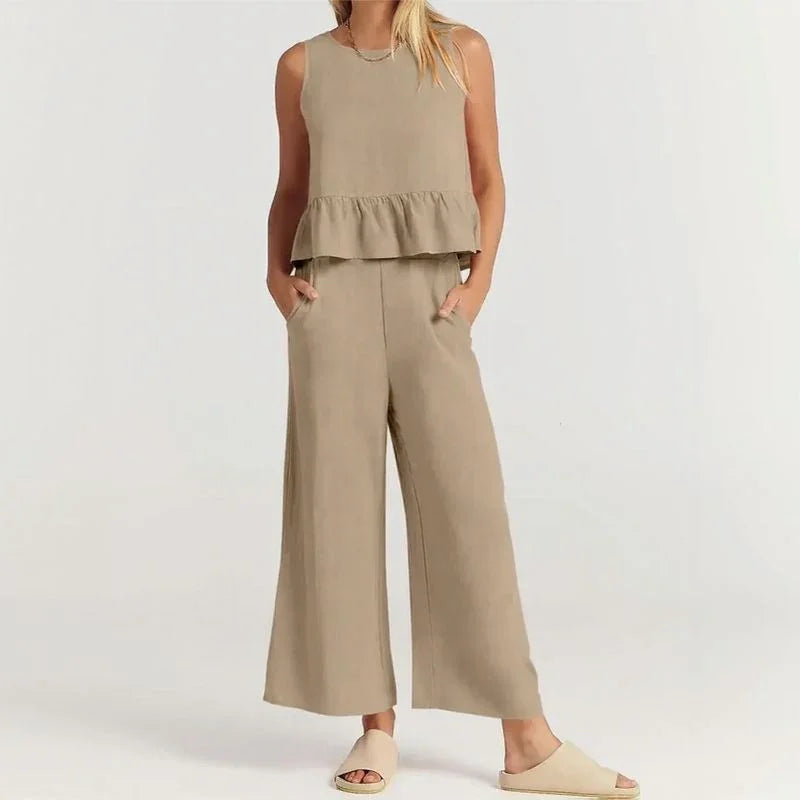 Agatha™ Mixed Linen Set with Ruffles and Wide-Leg Pants / Elegant Minimalism for Stylish Women!
