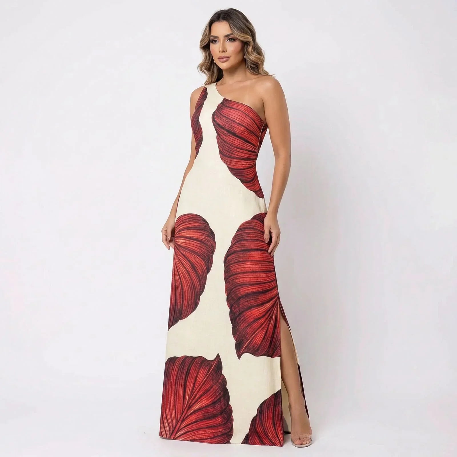 Yara™ Maxi Dress in Textured Viscose with Side Slit and Asymmetrical Neckline