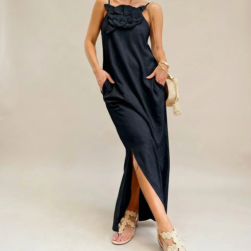 Carmela™ Elegant Dress with Artisan Flower Detail