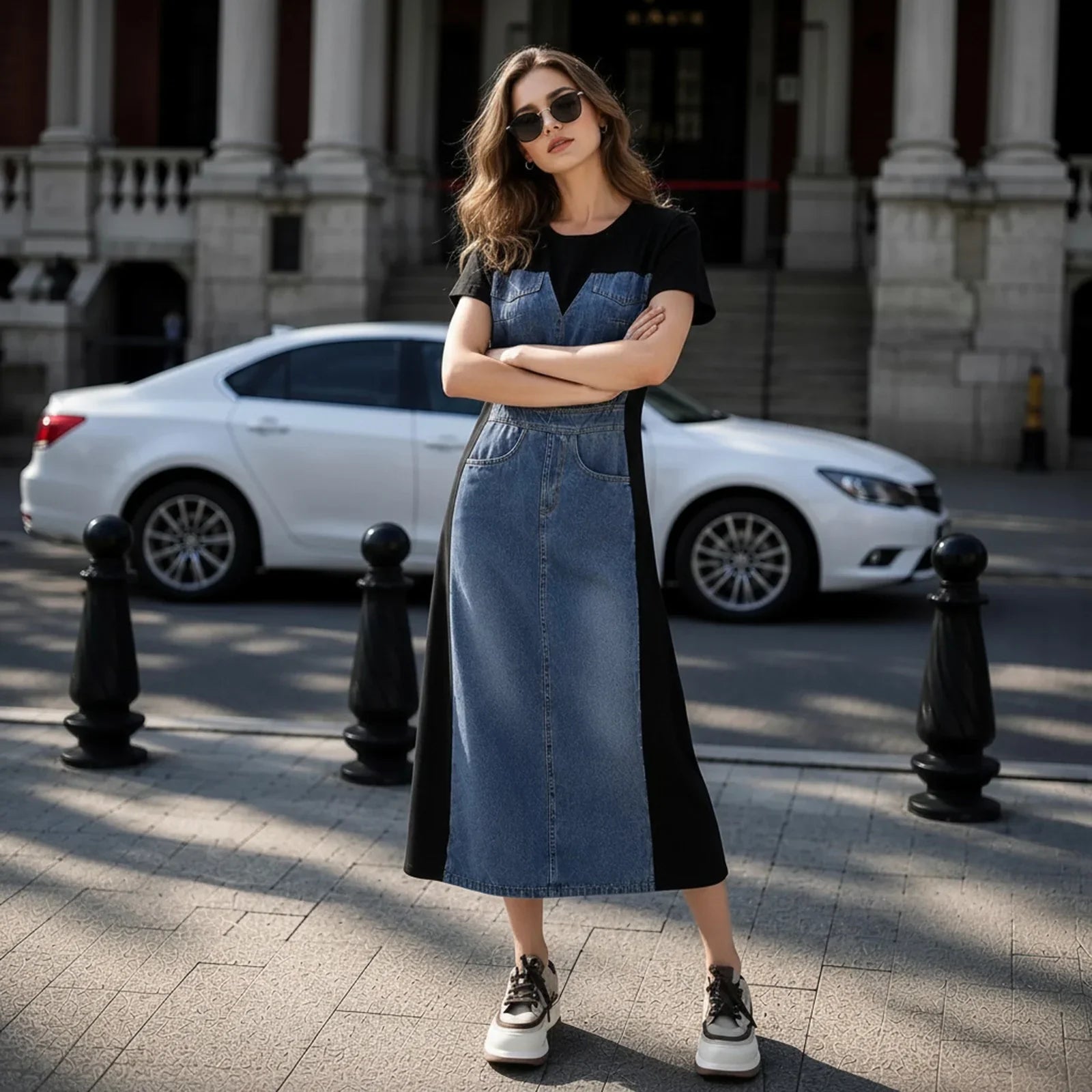 Alisse™ Denim Panel Dress with Modern Contrast Design