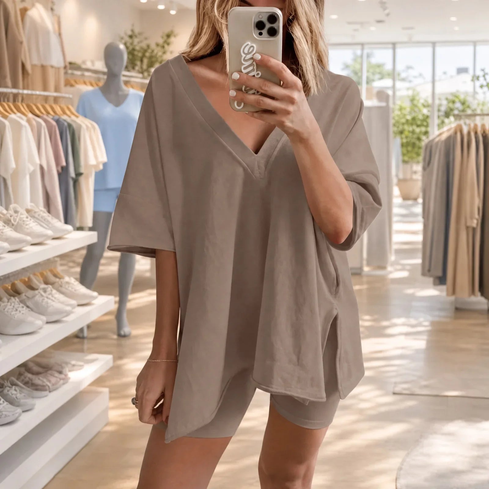 Yelena™ Set Oversized V‑Neck Top and Minimalist Shorts