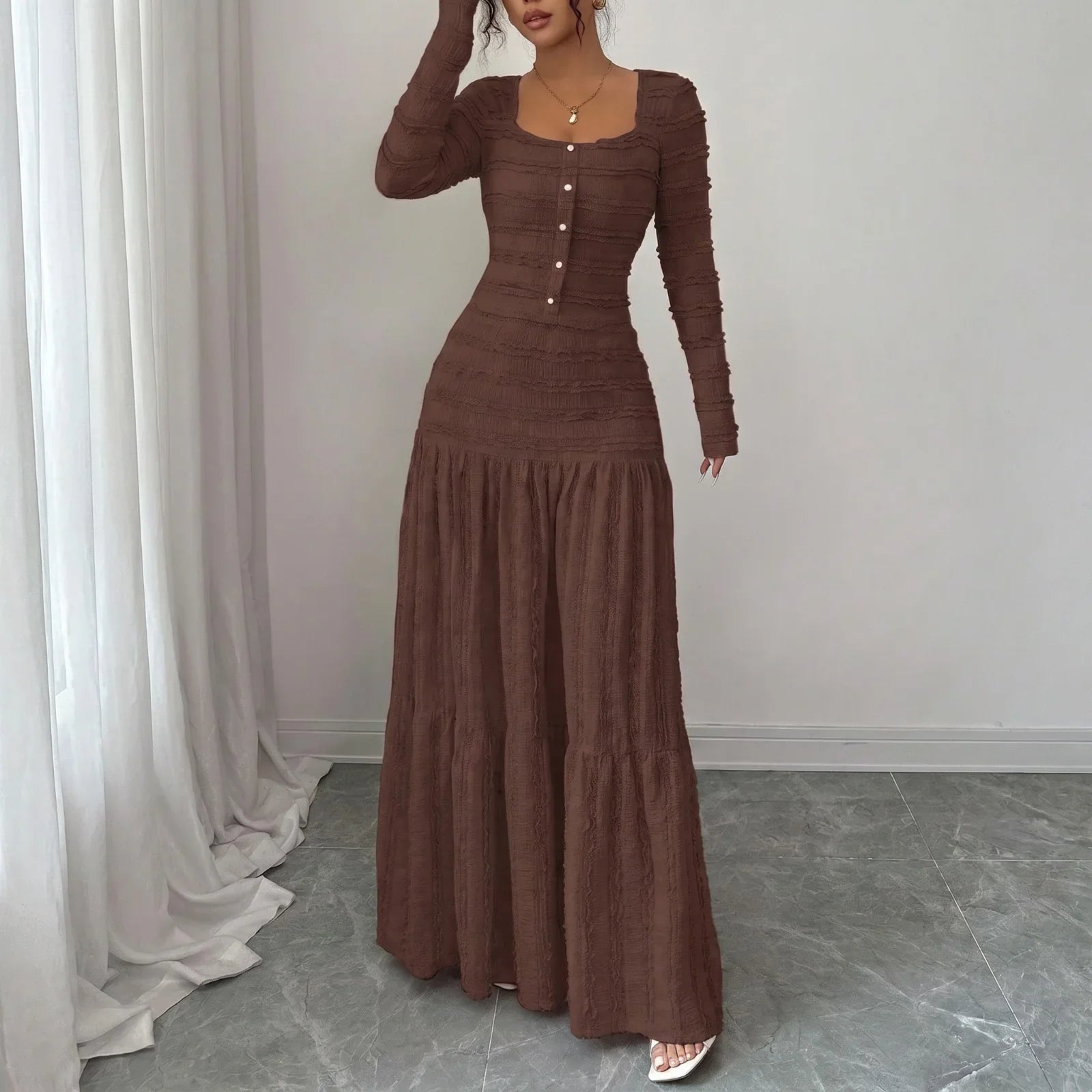 Ursula™ Long Dress in Pleated Knit with Front Button Closure