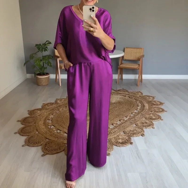 Marevielle™ Satin Set With Relaxed Blouse and Flowing Wide-Leg Pants