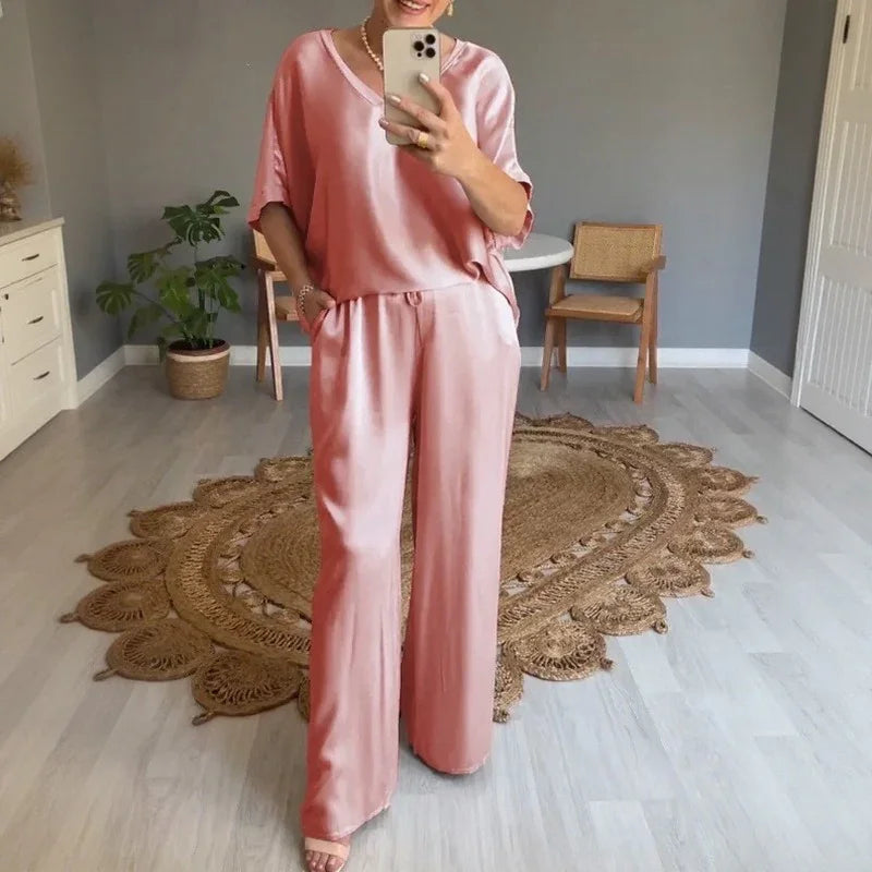 Marevielle™ Satin Set With Relaxed Blouse and Flowing Wide-Leg Pants