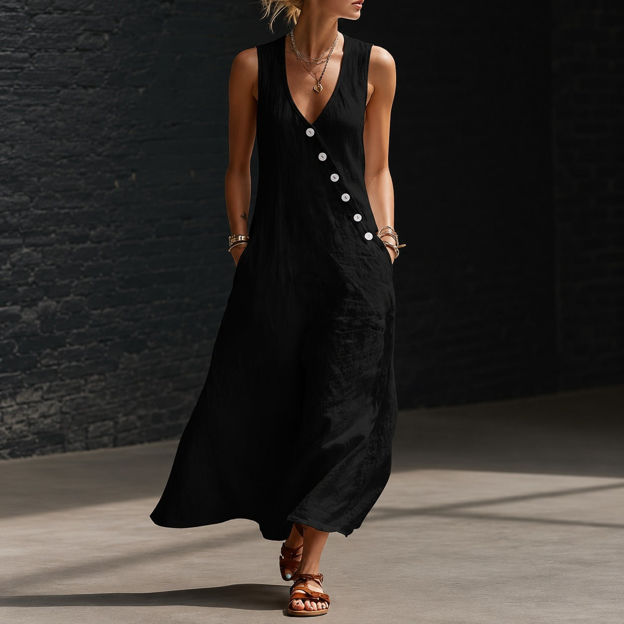 Antonella™ Midi Dress with Elegant Buttons and a V-Neckline