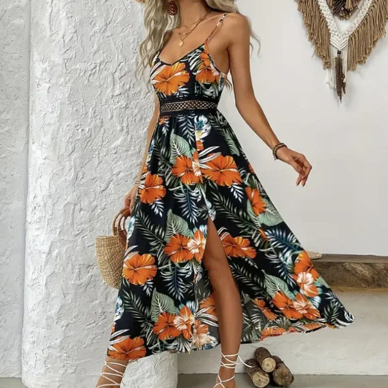 Garden™ Maxi Dress With Lace Waist And Elegant Side Slit