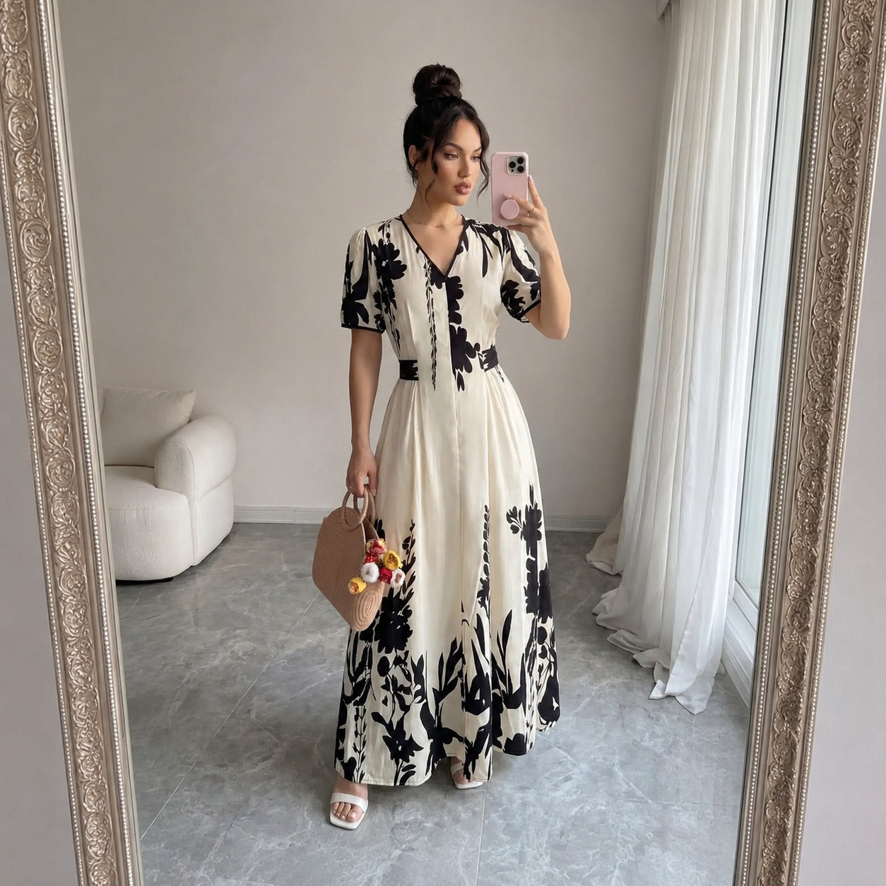 Maristelle™ Dress With Contrasting Floral Print And V-Neckline