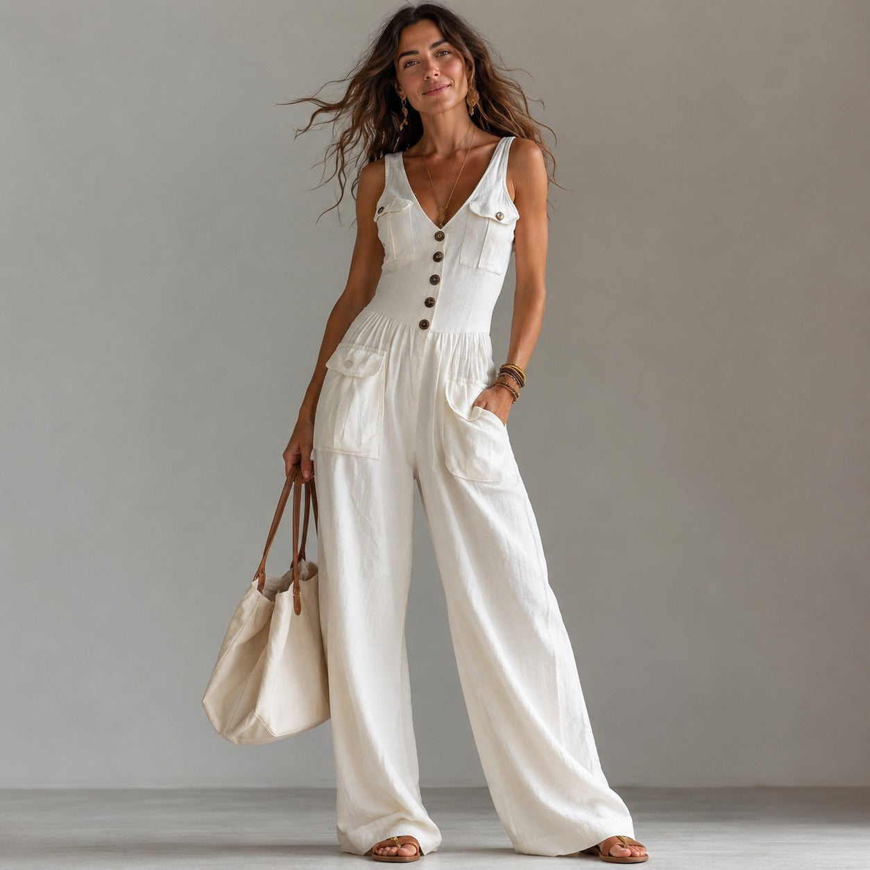 Jumpsuit Marvella™ with V-Neck, Front Buttons and Utility Pockets