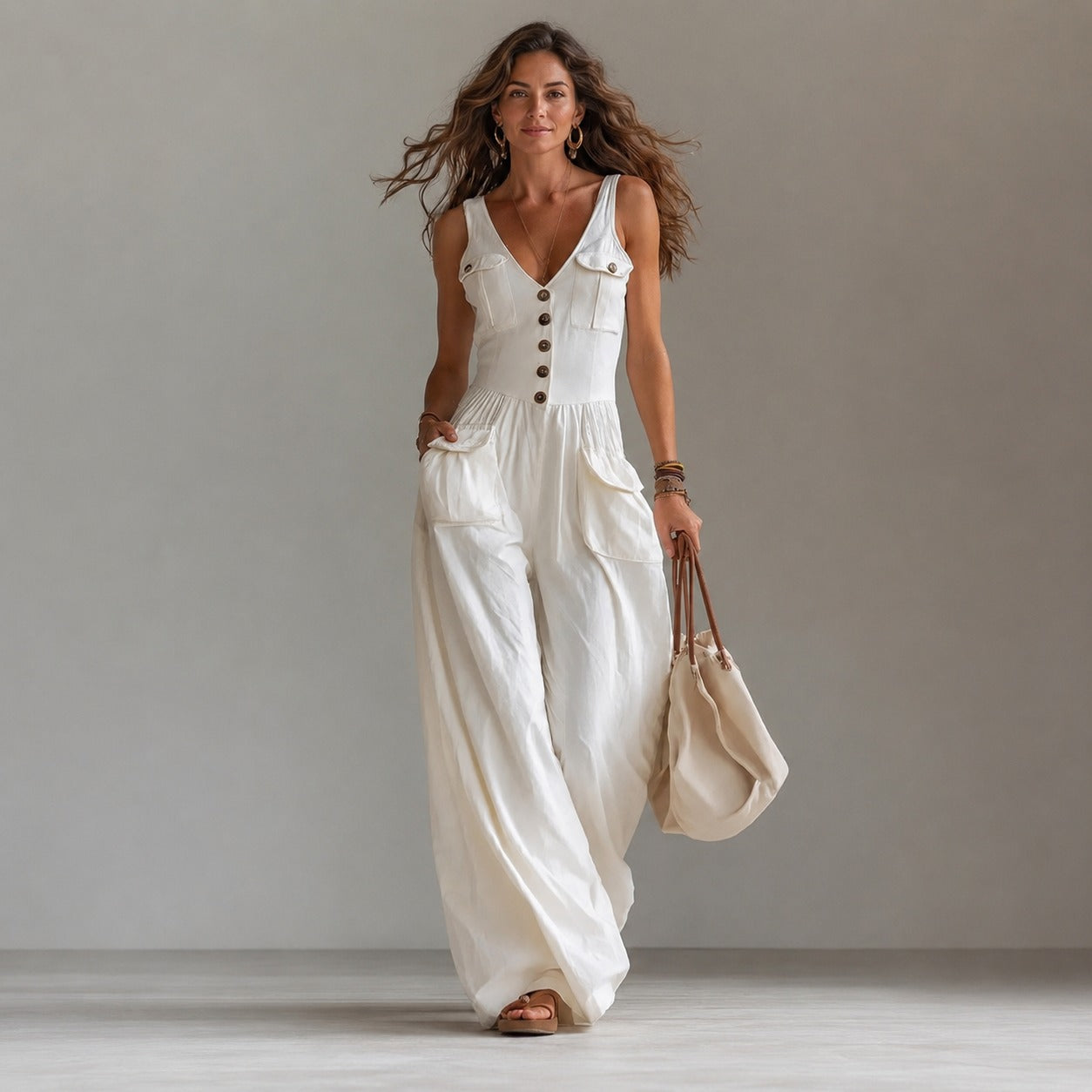 Jumpsuit Marvella™ with V-Neck, Front Buttons and Utility Pockets
