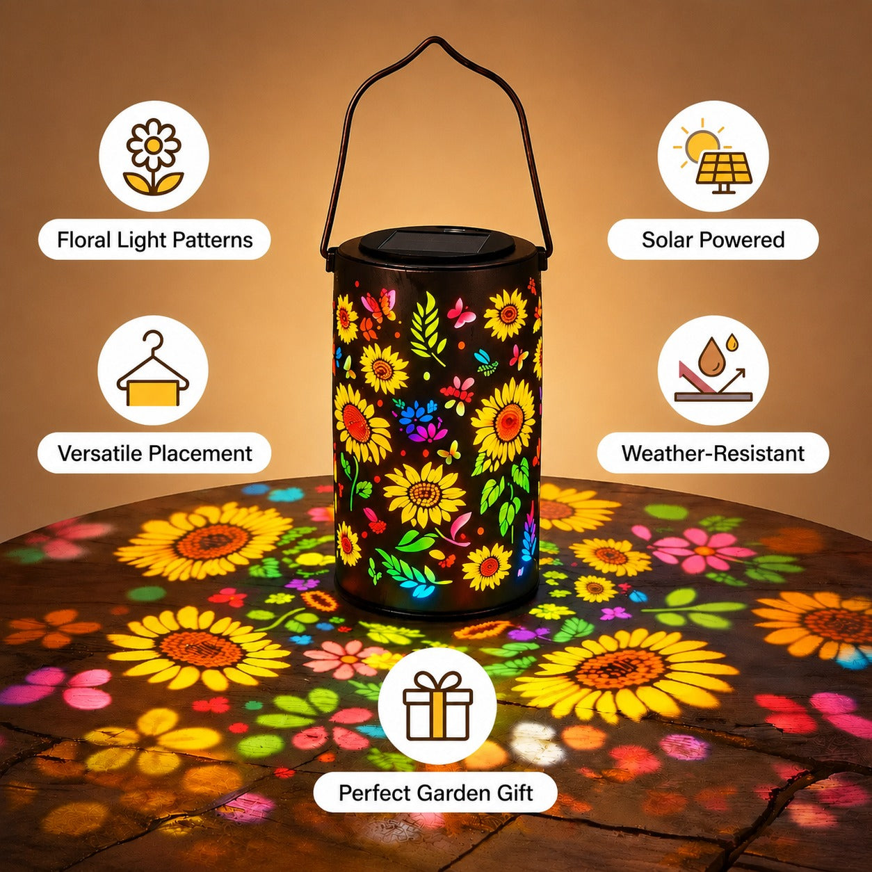 Sunshine™ Solar Lantern with Floral Projection and Water Resistance