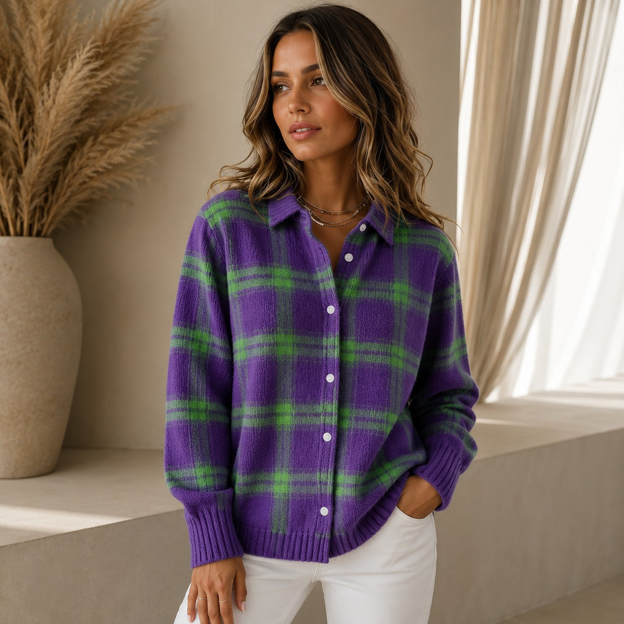 Saint Claire™ Premium Knit Cardigan with Plaid Pattern