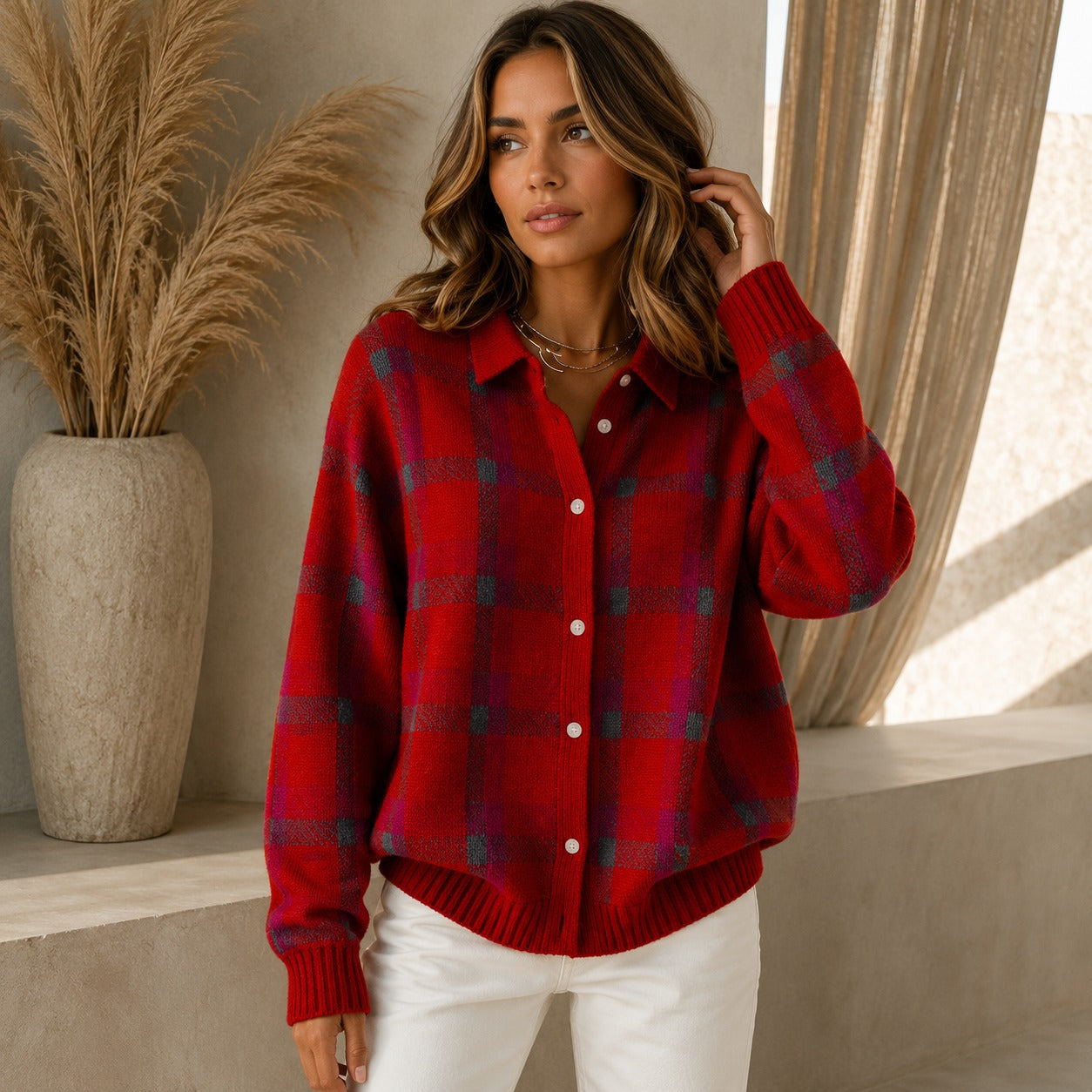 Saint Claire™ Premium Knit Cardigan with Plaid Pattern
