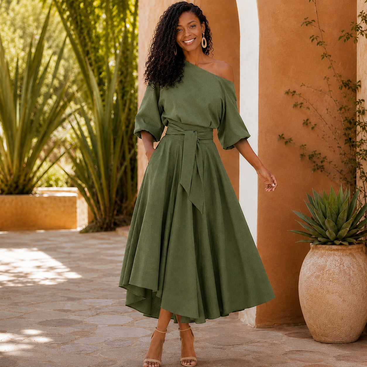 Verona Belle™ Dress with Versatile Neckline and Elegant Waist Tie