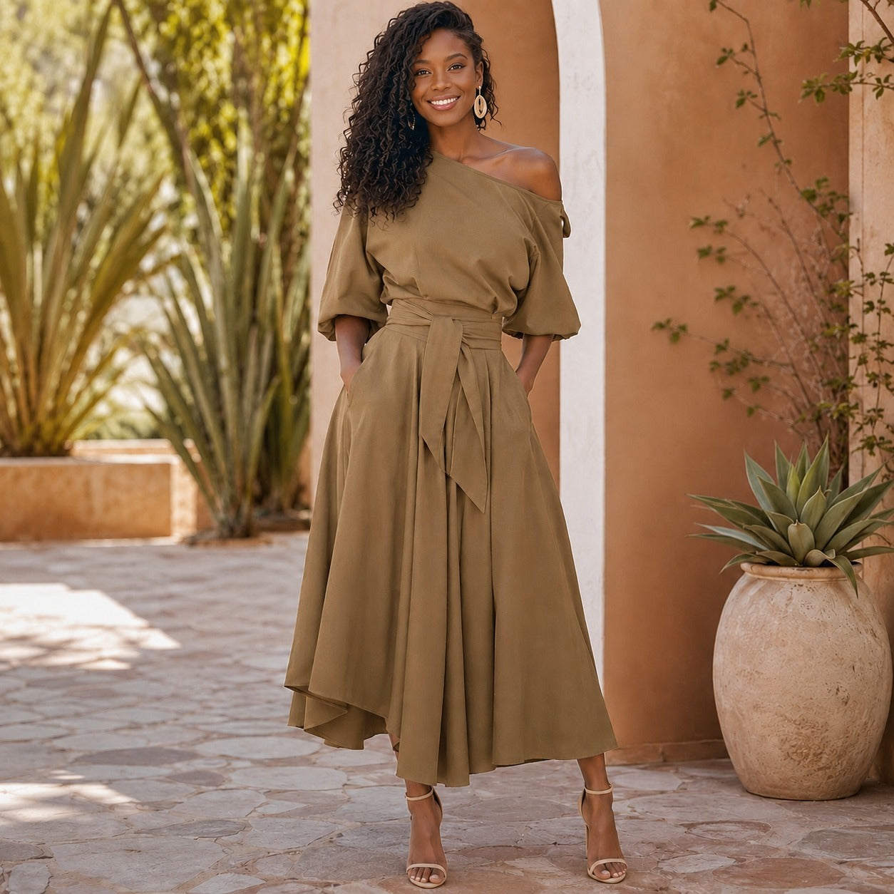 Verona Belle™ Dress with Versatile Neckline and Elegant Waist Tie
