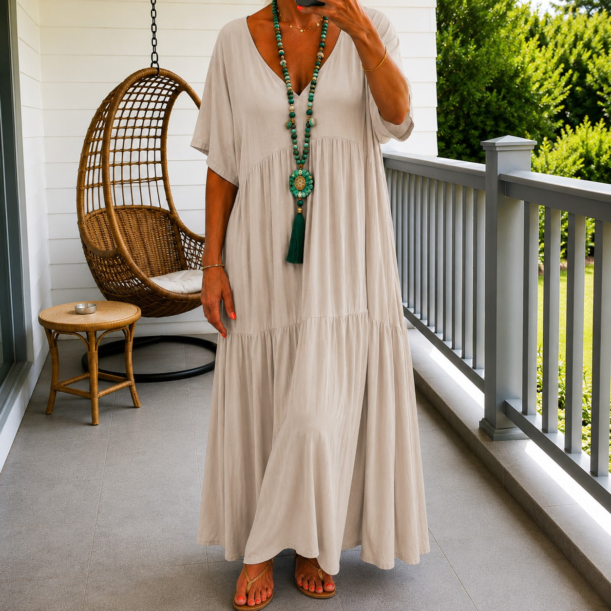 Liorenna™ Linen Cotton Dress With Relaxed Fit And V-Neck
