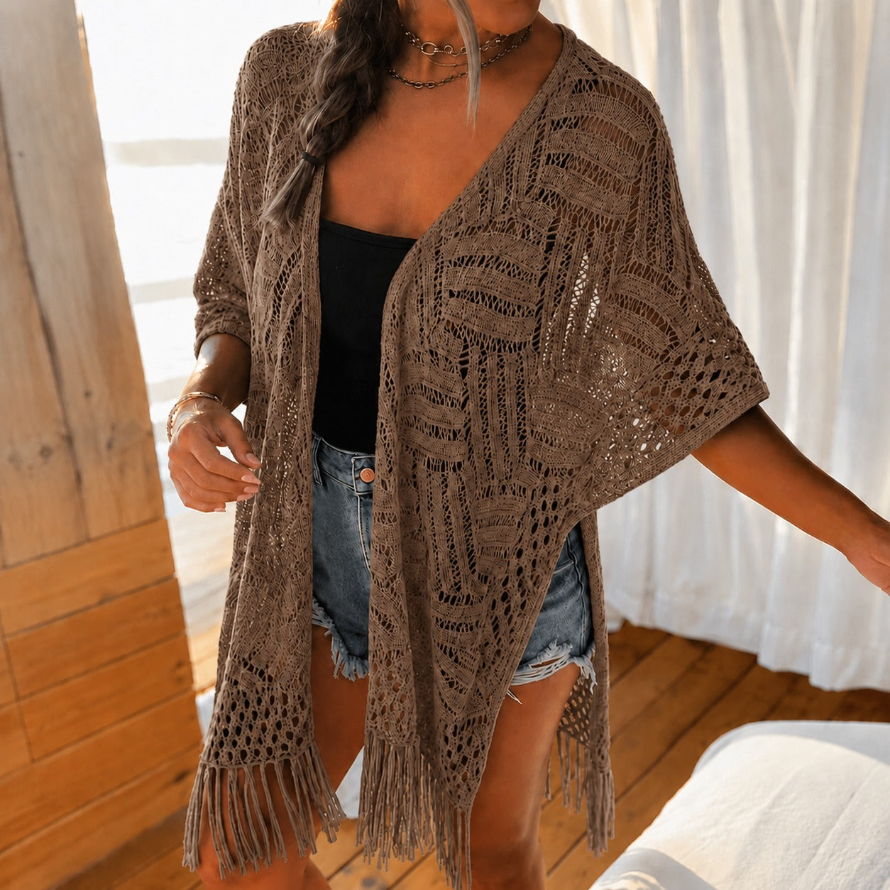 Calivie™ Open-Knit Cardigan With Fringe Details And Artisanal Weave