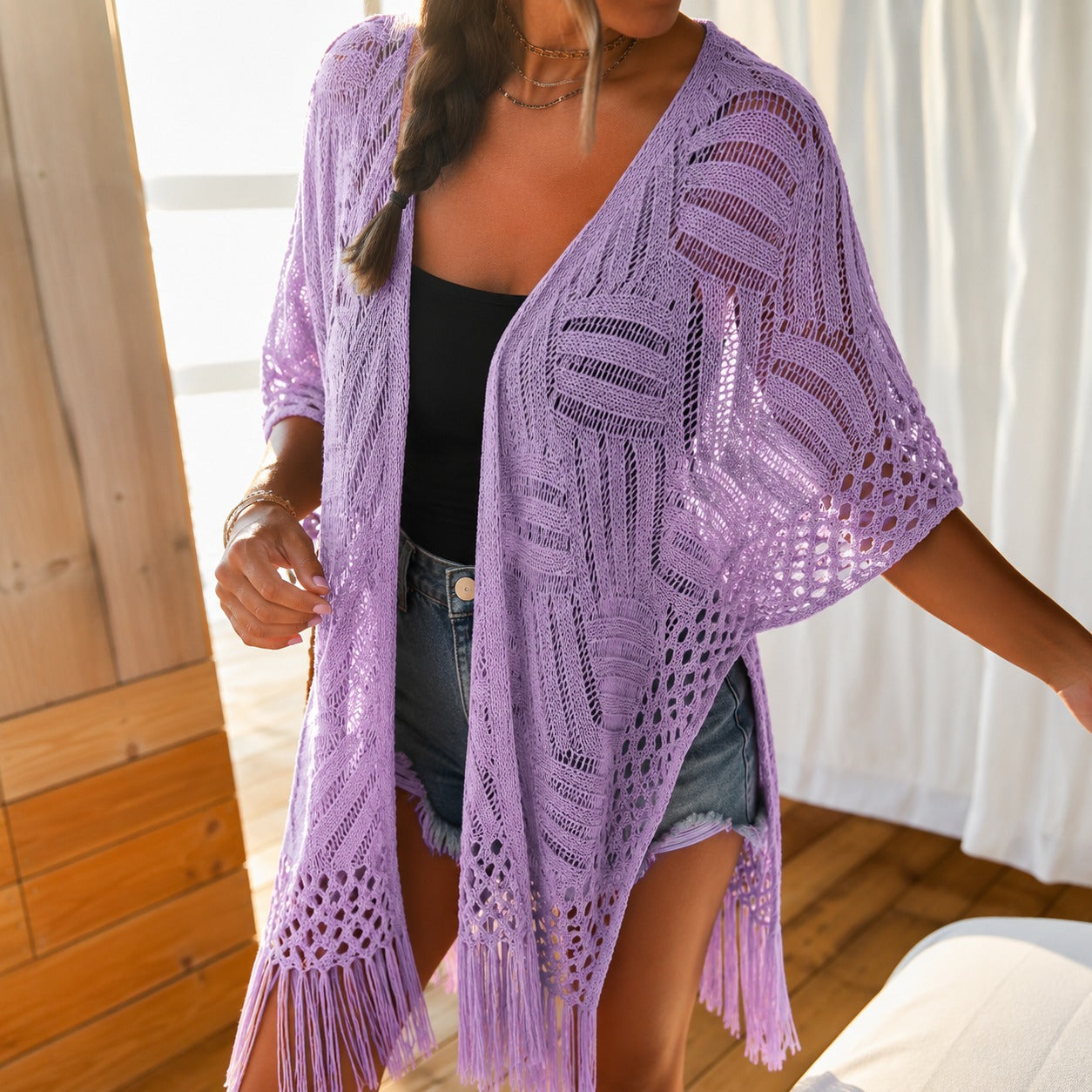 Calivie™ Open-Knit Cardigan With Fringe Details And Artisanal Weave