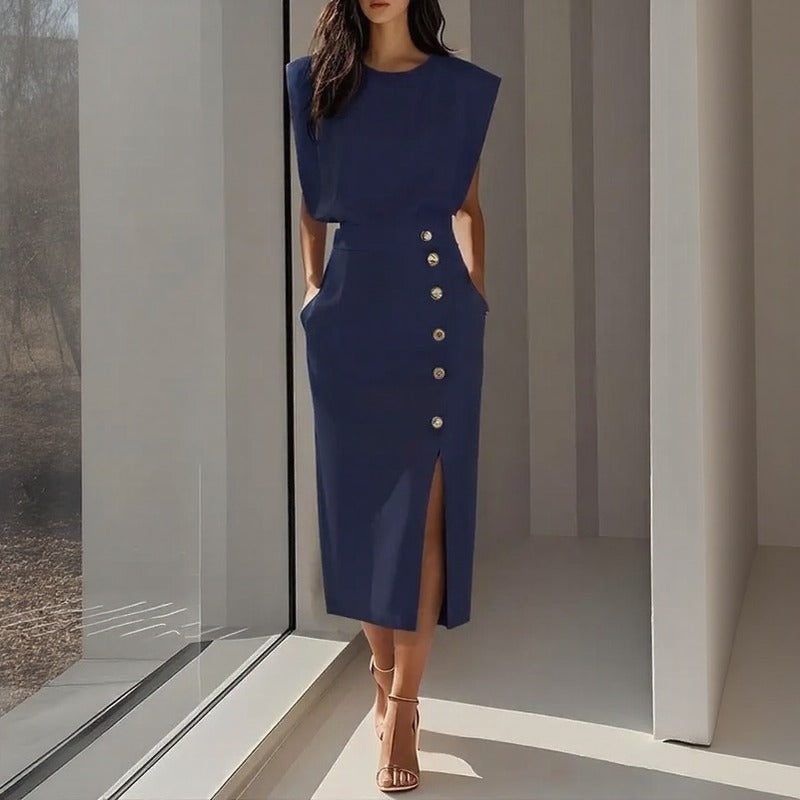 Maelle™ Midi Dress With Structured Shoulders, Side Buttons And Front Slit