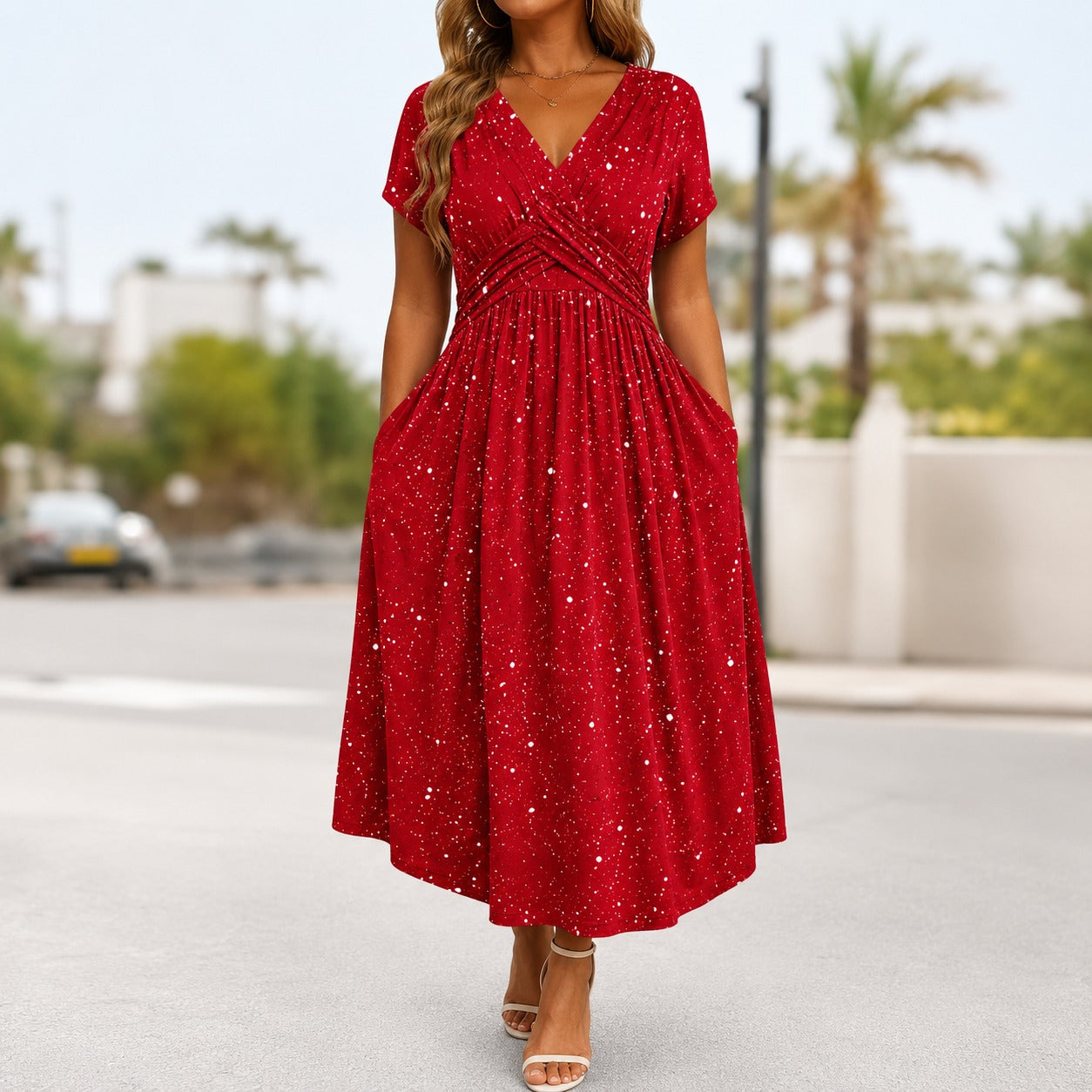 Serenna™ Dress with V-Neck, Draped Bodice and Side Pockets