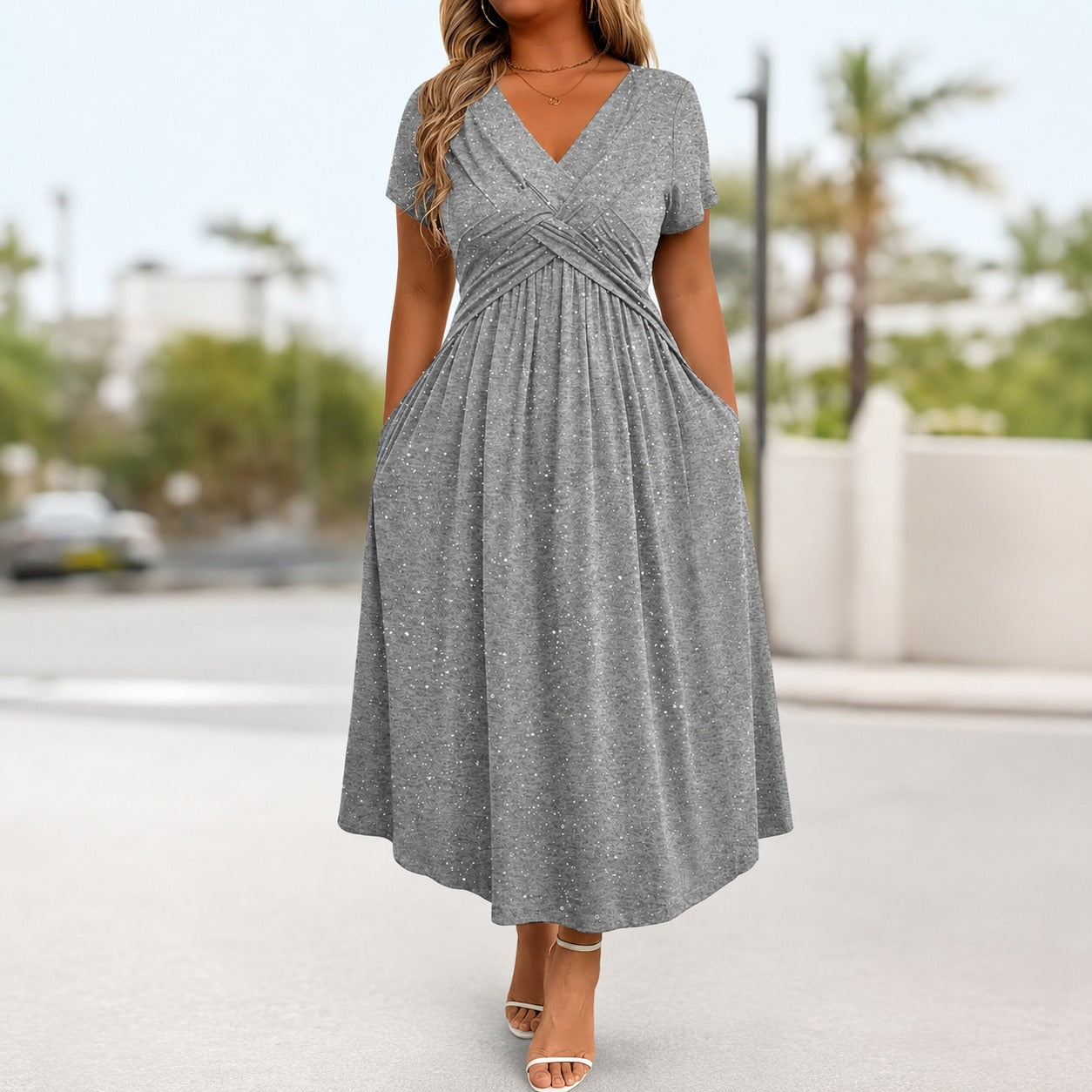 Serenna™ Dress with V-Neck, Draped Bodice and Side Pockets