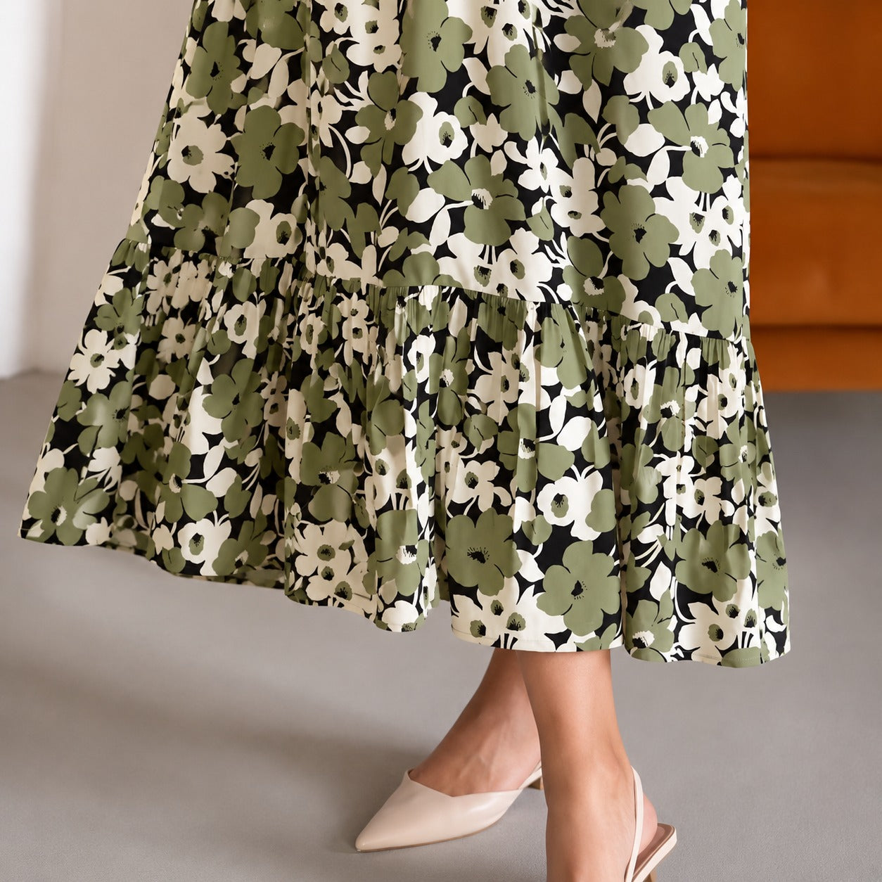 Dress Florenne™ with Square Neckline, Floral Print and Ruffle Hem