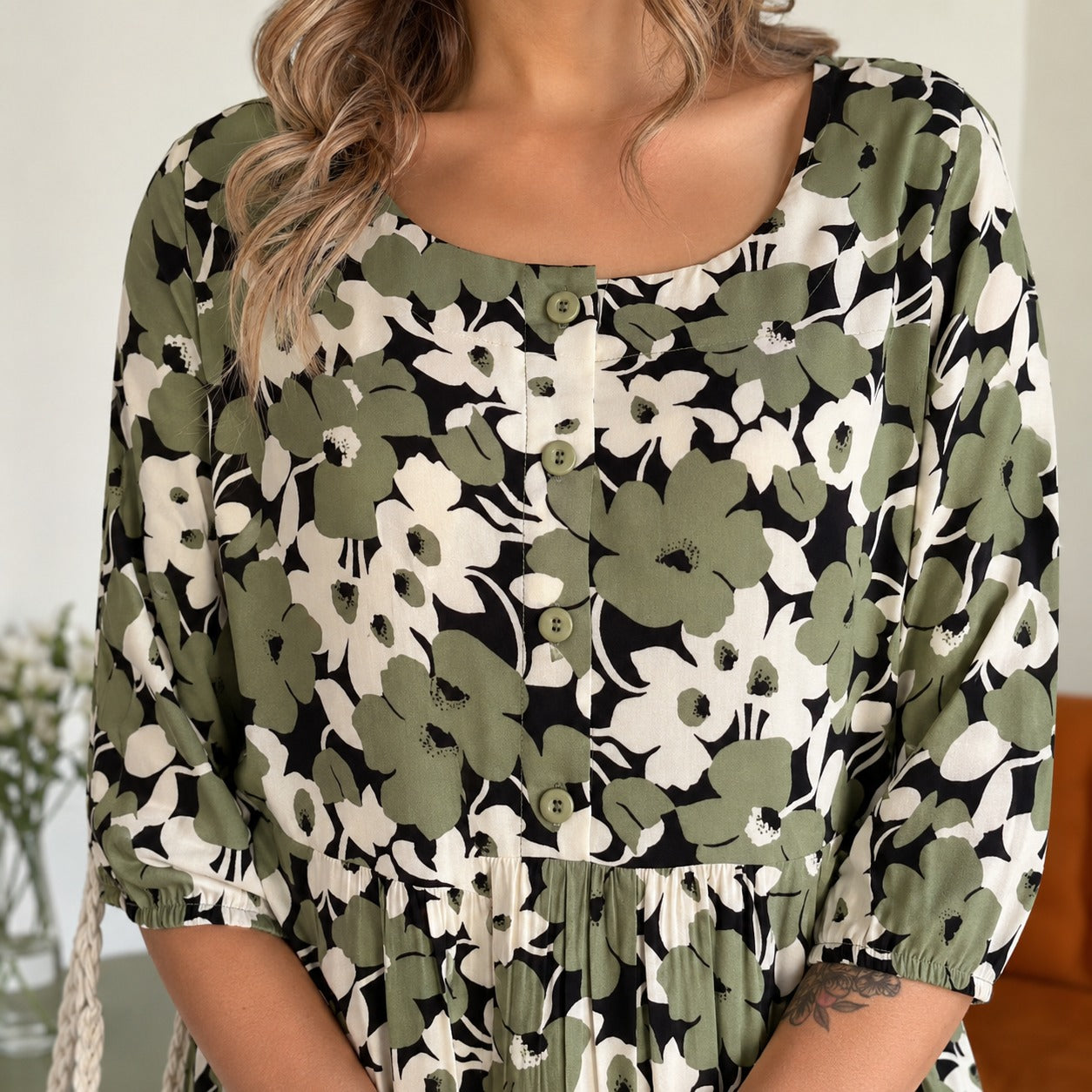 Dress Florenne™ with Square Neckline, Floral Print and Ruffle Hem