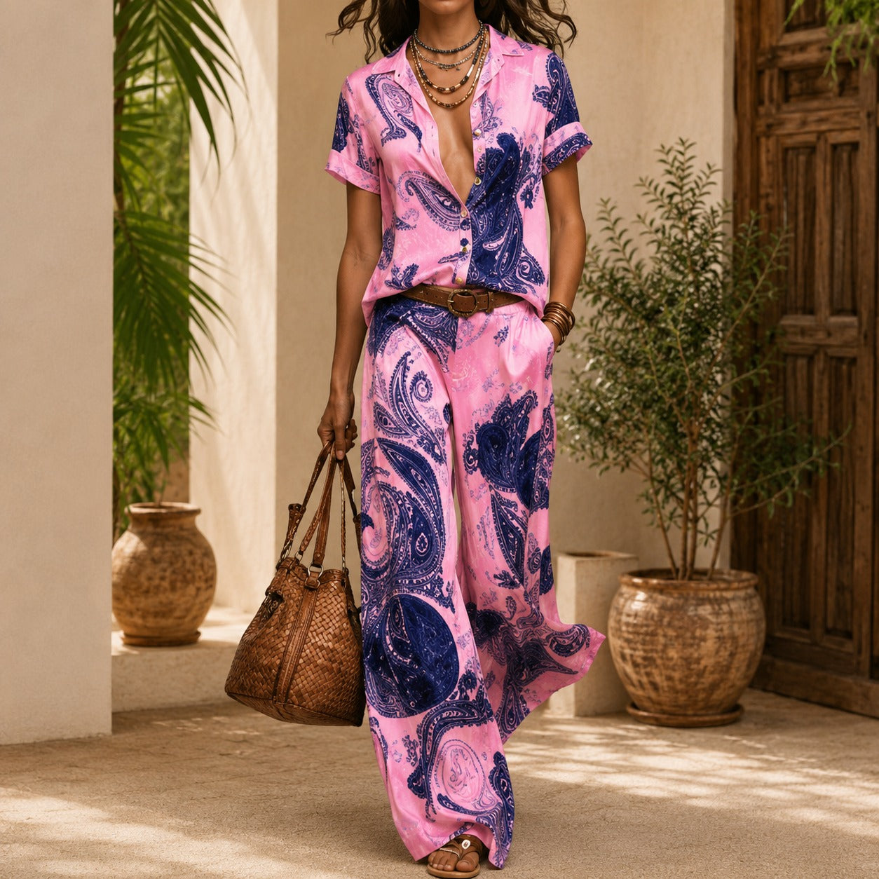 Azmara™ Satin Printed Shirt & Wide-Leg Pants Set / Effortless Sophistication Without Feeling Restrictive