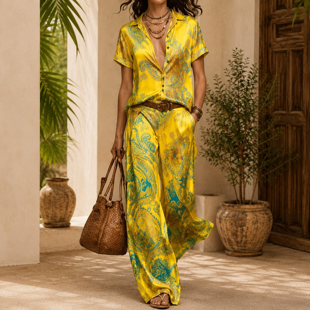 Azmara™ Satin Printed Shirt & Wide-Leg Pants Set / Effortless Sophistication Without Feeling Restrictive